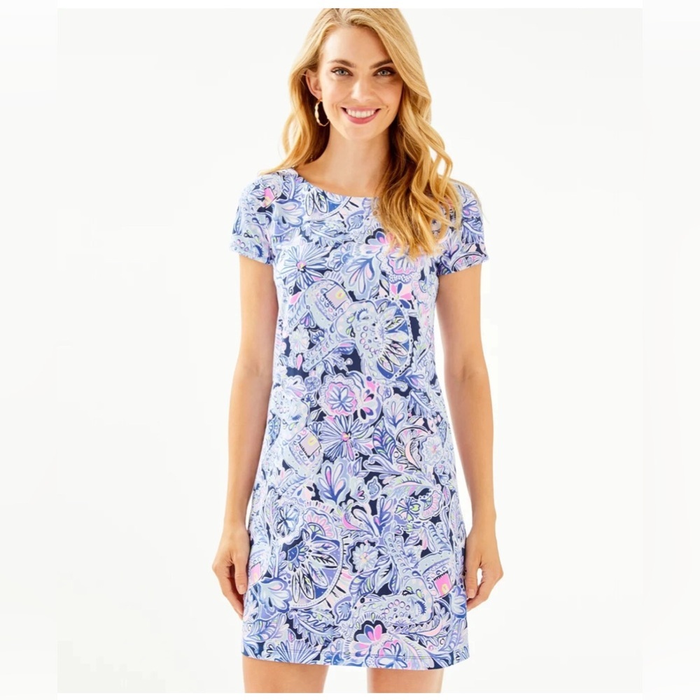 Lilly Pulitzer Short Sleeve Bay Dress in Iris Blue Namastay In The Jungle Sz XS